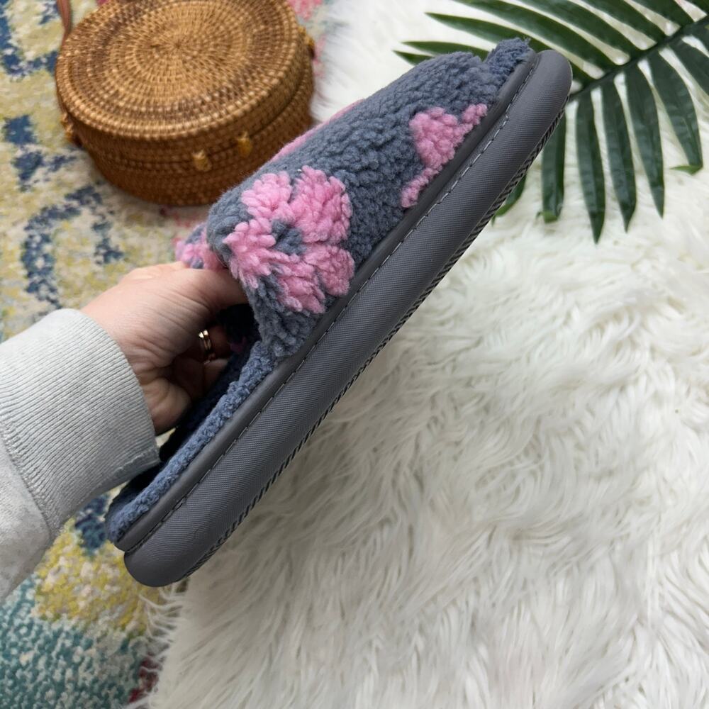 Muk Luks Marsai Slipper Large 9-10 Flower Floral Slip On Slide Fleece Cozy Gray - Picture 5 of 8
